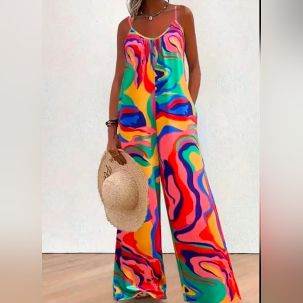 Colorful Abstract Women's Sphagetti Wide Leg Jumpsuit With POCKETS
